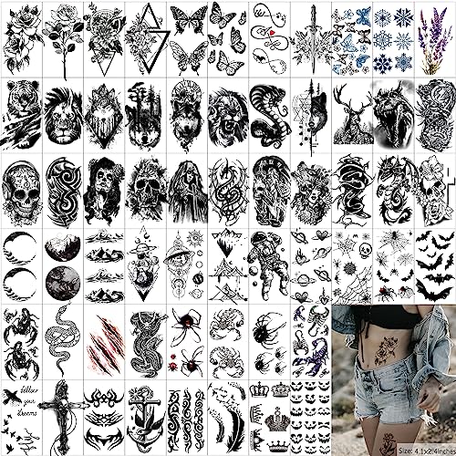 JEEFONNA 72 Sheets Temporary Tattoo for Men Women Adults, Include 12 Sheets Large Black 3D Realistic Tattoos Half Sleeve Temporary Tattoos, Include Black Scary Lion Wolf Tiger Skull Fake Tattoos …