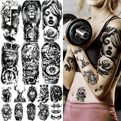 JEEFONNA 72 Sheets Temporary Tattoo for Men Women Adults, Include 12 Sheets Large Black 3D Realistic Tattoos Half Sleeve Temporary Tattoos, Include Black Scary Lion Wolf Tiger Skull Fake Tattoos …