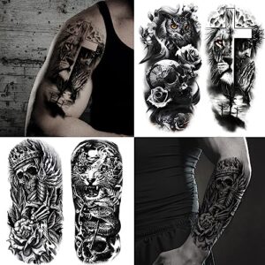 JEEFONNA 72 Sheets Temporary Tattoo for Men Women Adults, Include 12 Sheets Large Black 3D Realistic Tattoos Half Sleeve Temporary Tattoos, Include Black Scary Lion Wolf Tiger Skull Fake Tattoos …