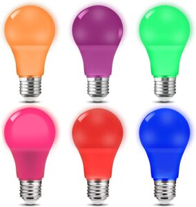 colored light bulbs 9w (60w equivalent) e26 base color bulb for halloween christmas party holiday lighting blue/red/green/purple/orange/pink 6-pack