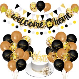 welcome home banner and cake topper decorations gold black glitter dot circle garland triangle flag banner welcome balloons for welcome back party housewarming party supplies