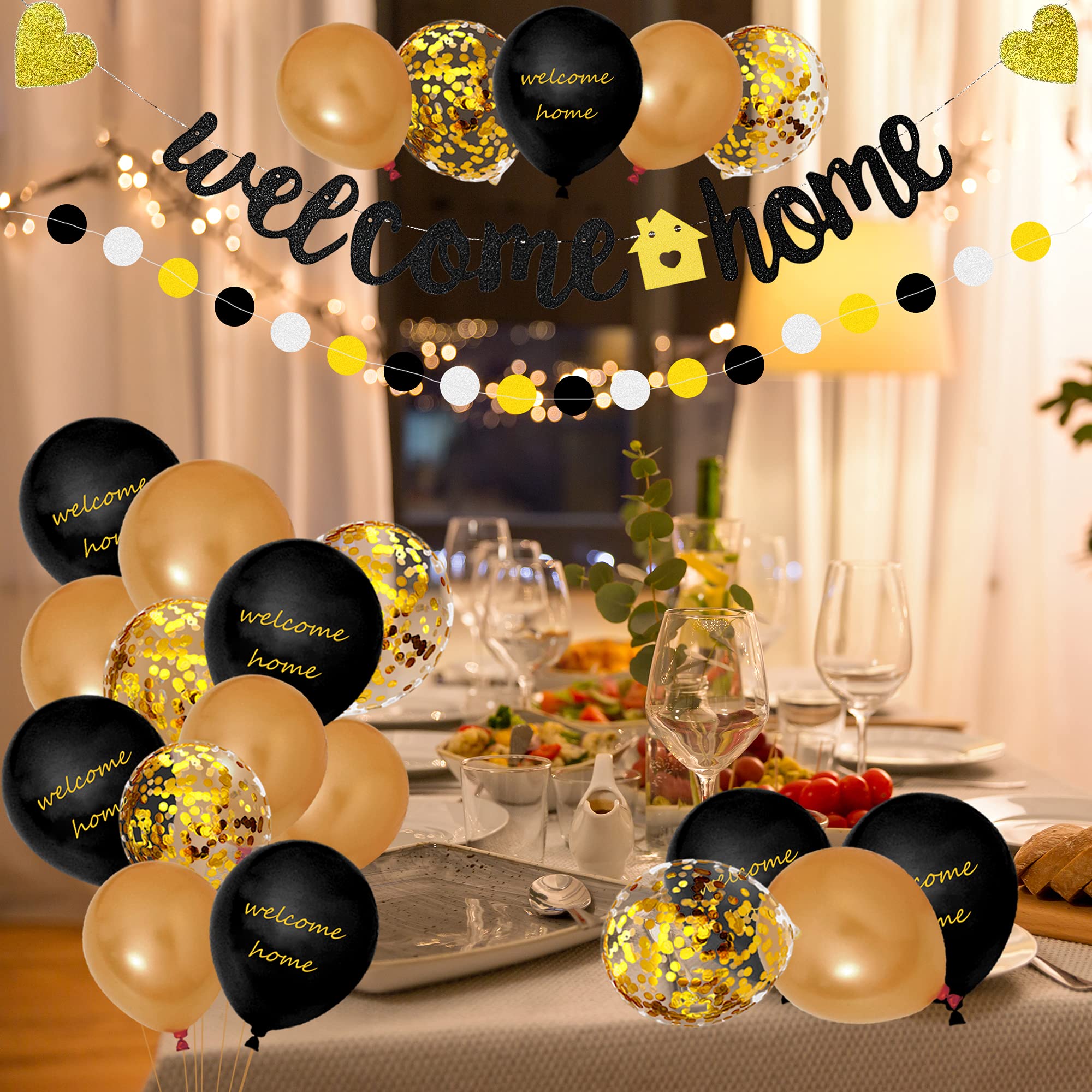 Welcome Home Banner And Cake Topper Decorations Gold Black Glitter Dot Circle Garland Triangle Flag Banner Welcome Balloons For Welcome Back Party Housewarming Party Supplies