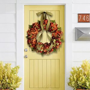 TABANA Fall Harvest Wreath Front Door Maple Leaves Garland Decor 12-Inch Orange Hydrangea Rattan Wreaths Thanksgiving Ornament Door Wall Hanging Decoration for Home Kitchen Indoor Outdoor