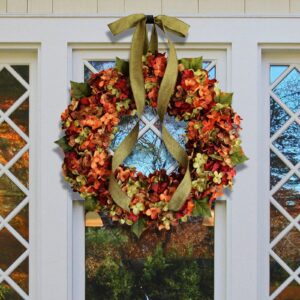 TABANA Fall Harvest Wreath Front Door Maple Leaves Garland Decor 12-Inch Orange Hydrangea Rattan Wreaths Thanksgiving Ornament Door Wall Hanging Decoration for Home Kitchen Indoor Outdoor