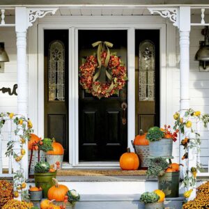 TABANA Fall Harvest Wreath Front Door Maple Leaves Garland Decor 12-Inch Orange Hydrangea Rattan Wreaths Thanksgiving Ornament Door Wall Hanging Decoration for Home Kitchen Indoor Outdoor