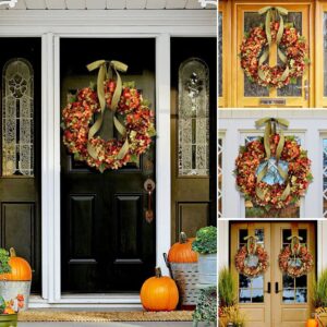 TABANA Fall Harvest Wreath Front Door Maple Leaves Garland Decor 12-Inch Orange Hydrangea Rattan Wreaths Thanksgiving Ornament Door Wall Hanging Decoration for Home Kitchen Indoor Outdoor