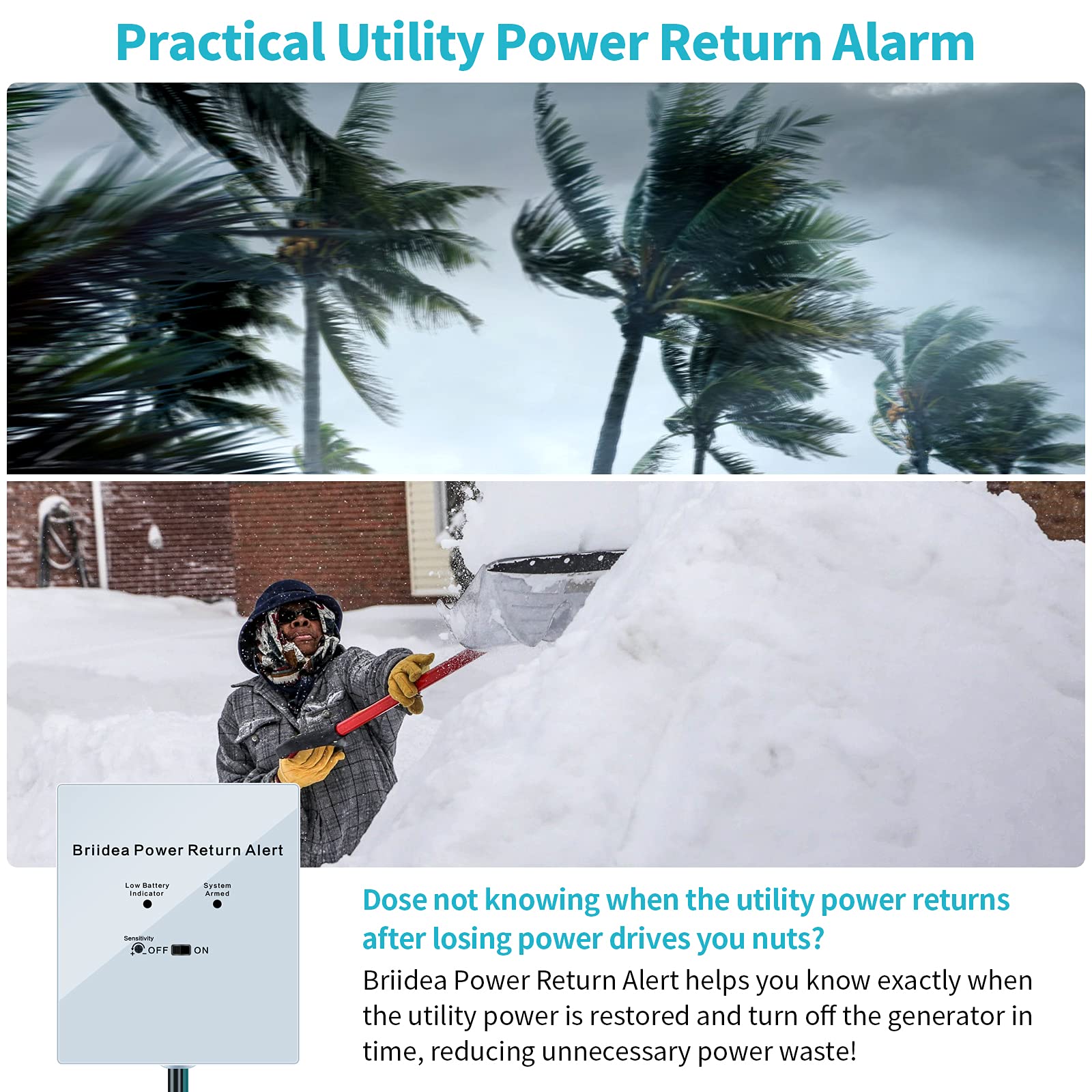 Power Return Alarm, Briidea Utility Power Back on Alert for Generator, Loud Siren with LED Indicator