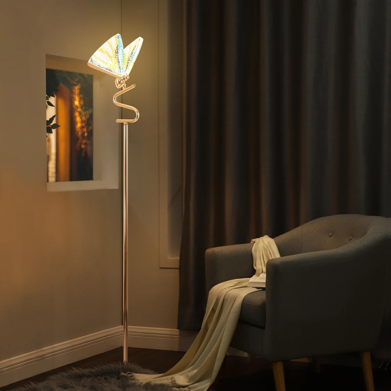 O'NEELDY Gold Butterfly, Decorative Goose Neck Design, 12W LED Standing Tall Lamp for Living Room, 4000K Warm White Energy-Saving Modern Floor Lamp for Bedroom Office, Acrylic