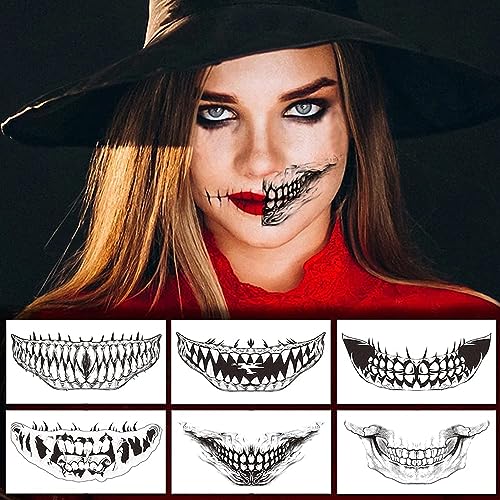 Halloween Temporary Tattoo Sticker Halloween Clown Makeup Face Horror Teeth Design Fake Tattoo for Clown Costume Waterproof Temporary Tattoo Cosplay The Gift for Kids-10 Styles