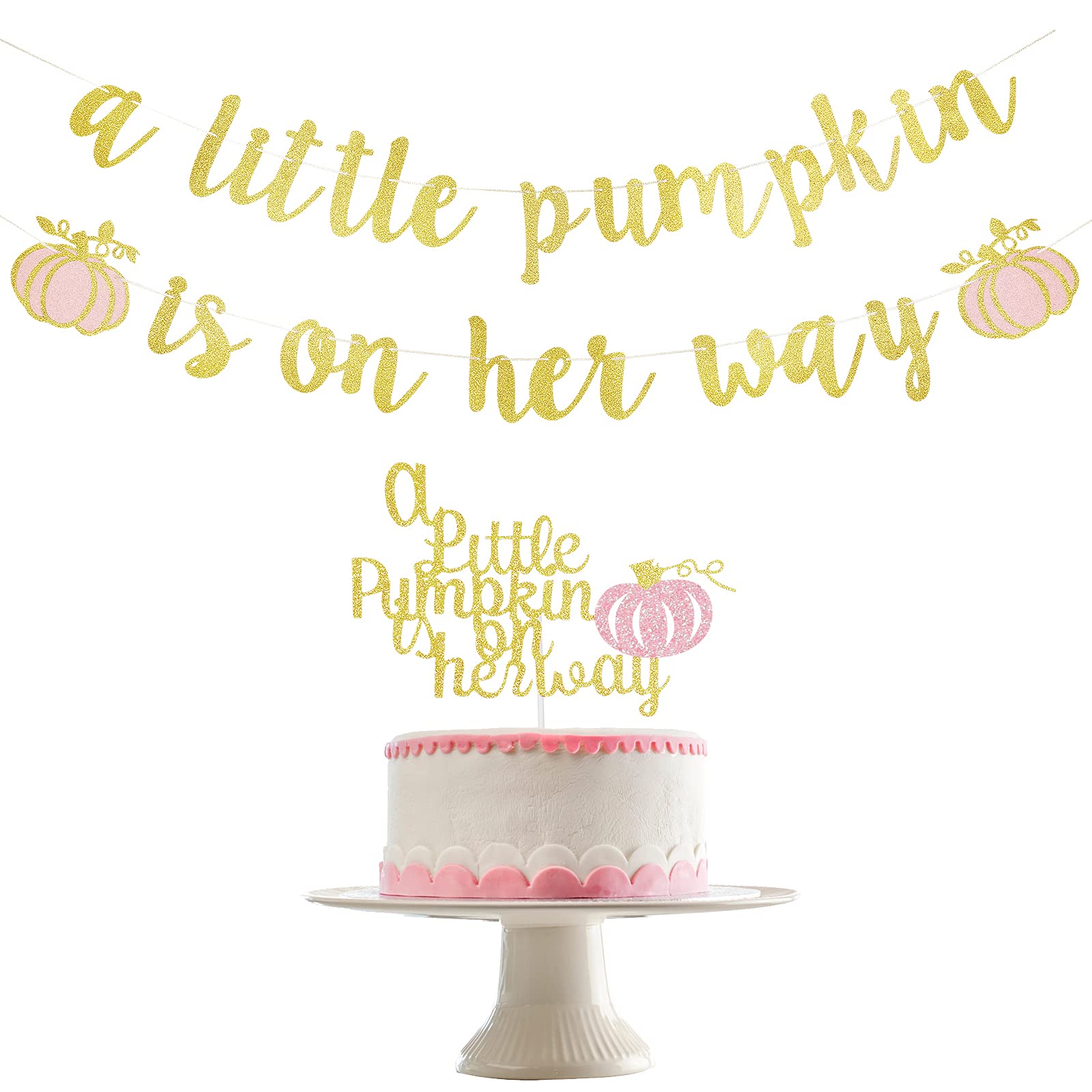 Gold&Pink Glitter A Little Pumpkin is On Her Way Banner and A Little Pumpkin is On Her Way Cake Topper, Little Pumpkin Baby Shower Banner for Little Pumpkin is On Her Way Baby Shower Decorations