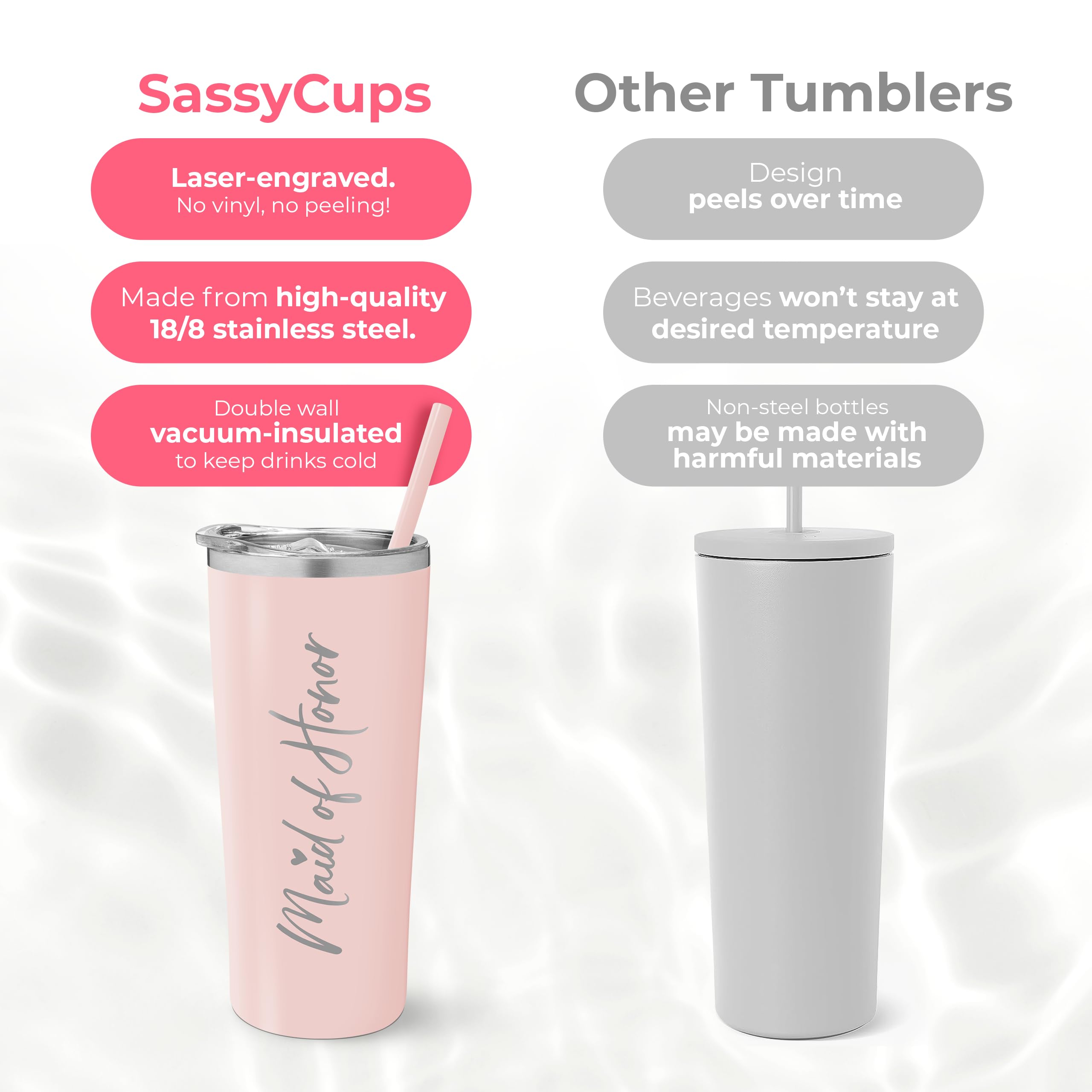 SassyCups Maid of Honor Cup | Engraved Vacuum Insulated Stainless Steel Tumbler with Straw | Will You Be My Maid of Honor Travel Mug | For Maid of Honor Proposal | Bridal Party | MOH (22oz, Blush)