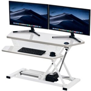 versadesk 36" wide ultralite electric height-adjustable standing desk converter, sit to stand desktop riser, keyboard tray, usb port, holds 40 lbs, white