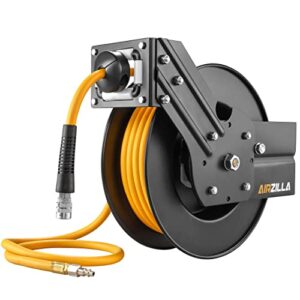 AIRZILLA Steel Retractable Air Hose Reel 3/8" Inch x 50' Feet Hybrid Polymer Hose, Heavy Duty Air Hose Reel included Auto Rewind Reel | Quick Air Coupler | Heavy Duty Steel Frame