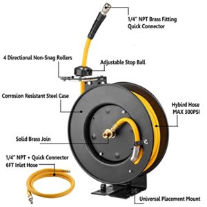 AIRZILLA Steel Retractable Air Hose Reel 3/8" Inch x 50' Feet Hybrid Polymer Hose, Heavy Duty Air Hose Reel included Auto Rewind Reel | Quick Air Coupler | Heavy Duty Steel Frame