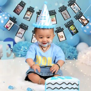 1st Birthday Baby Photo Banner for Newborn 1 to 12 months, Monthly Photograph Bunting Garland, First Birthday Celebration Decoration for Recording Baby's Growth (black)