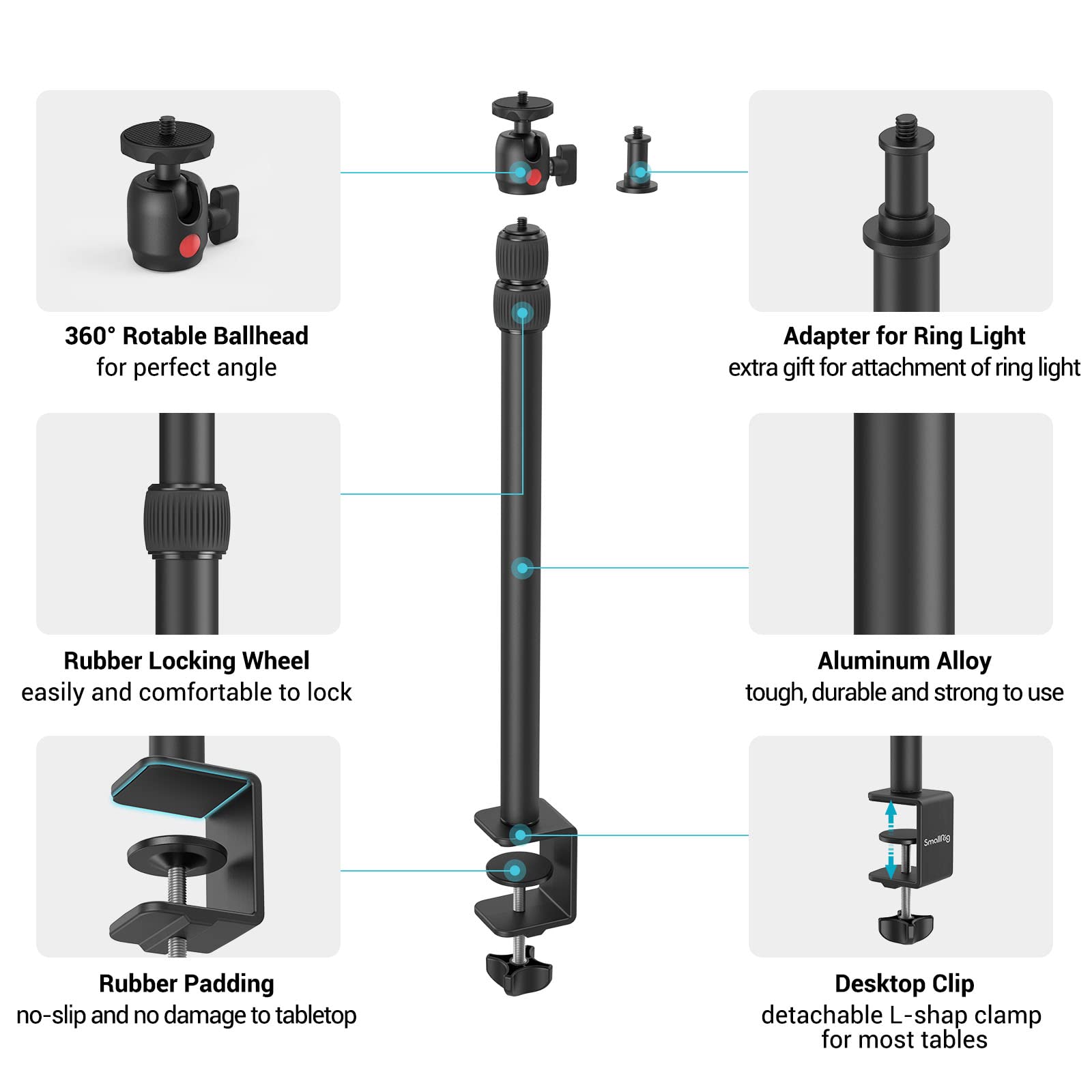 SmallRig Camera Desk Mount Table Stand 15"-35" with 1/4" Ball Head, Adjustable Light Stand, Tabletop C Clamp for DSLR Camera, Ring Light, Live Streaming, Photo Video Shooting - 3488