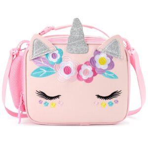 mibasies unicorn lunch bag kids insulated lunch box for girls with water bottle holder and shoulder strap (leather pink)