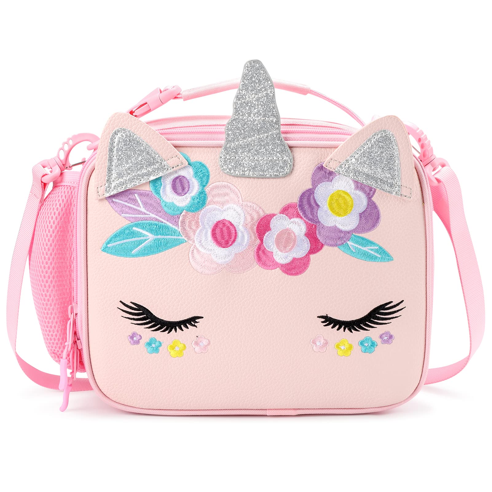 mibasies Unicorn Lunch Bag Kids Insulated Lunch Box for Girls with Water Bottle Holder and Shoulder Strap (Leather Pink)