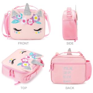 mibasies Unicorn Lunch Bag Kids Insulated Lunch Box for Girls with Water Bottle Holder and Shoulder Strap (Leather Pink)