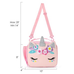 mibasies Unicorn Lunch Bag Kids Insulated Lunch Box for Girls with Water Bottle Holder and Shoulder Strap (Leather Pink)