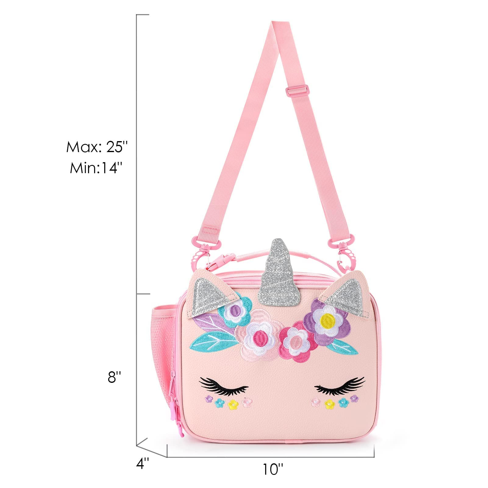 mibasies Unicorn Lunch Bag Kids Insulated Lunch Box for Girls with Water Bottle Holder and Shoulder Strap (Leather Pink)