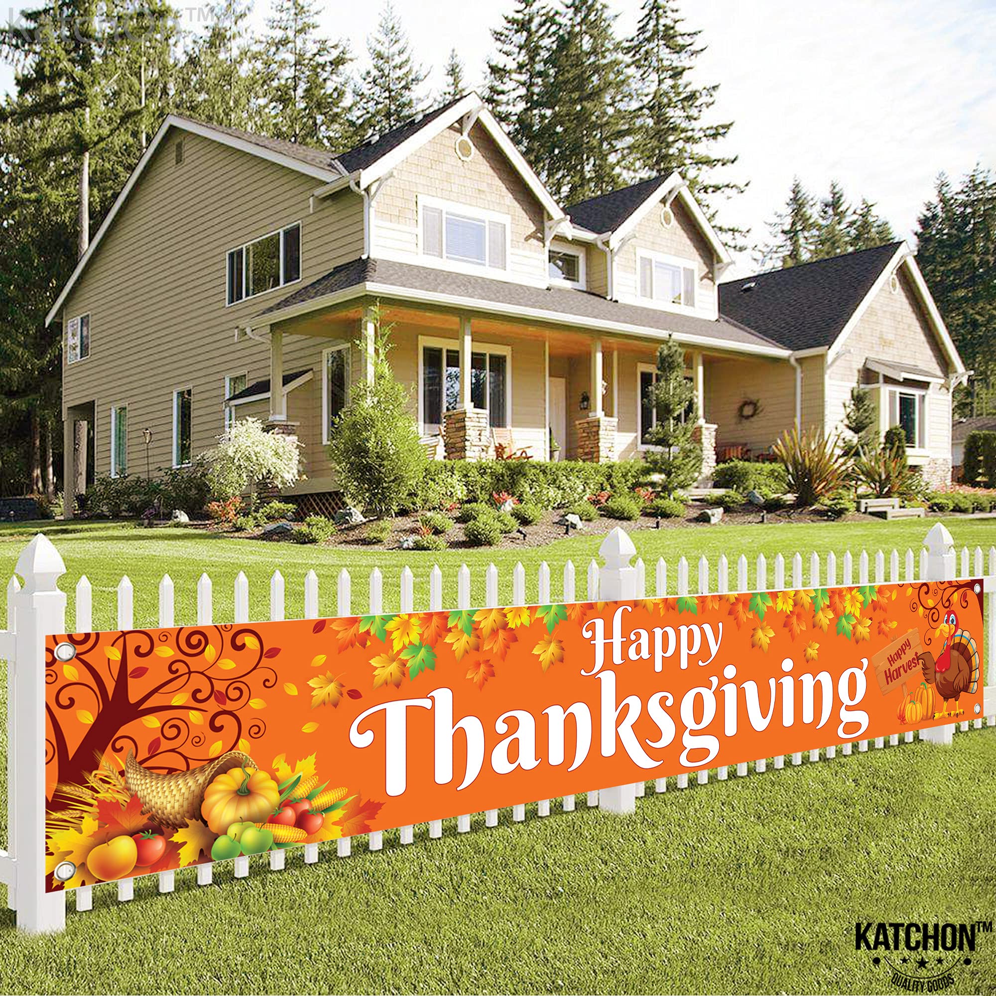 KatchOn, Happy Thanksgiving Yard Banner - Xtralarge, 120x20 Inch | Thanksgiving Banner Outdoor, Thanksgiving Outdoor Decorations | Thanksgiving Yard Signs Backdrop for Thanksgiving Yard Decorations