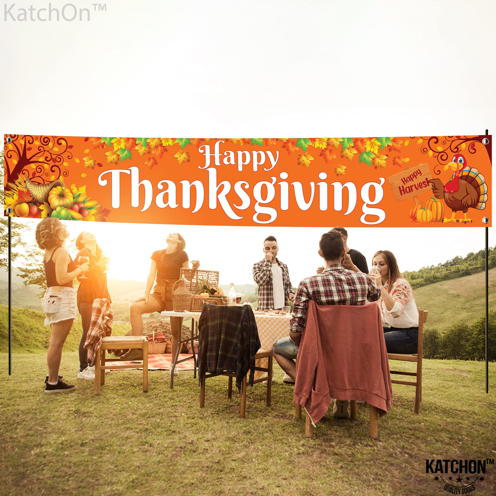 KatchOn, Happy Thanksgiving Yard Banner - Xtralarge, 120x20 Inch | Thanksgiving Banner Outdoor, Thanksgiving Outdoor Decorations | Thanksgiving Yard Signs Backdrop for Thanksgiving Yard Decorations