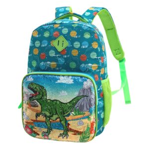 happysunny dinosaur backpack for kids 3-5 or 5-7 boys girls with reversible sequins 15 inch green cute bookbags for preschool early elementary kindergarten children with chest strap