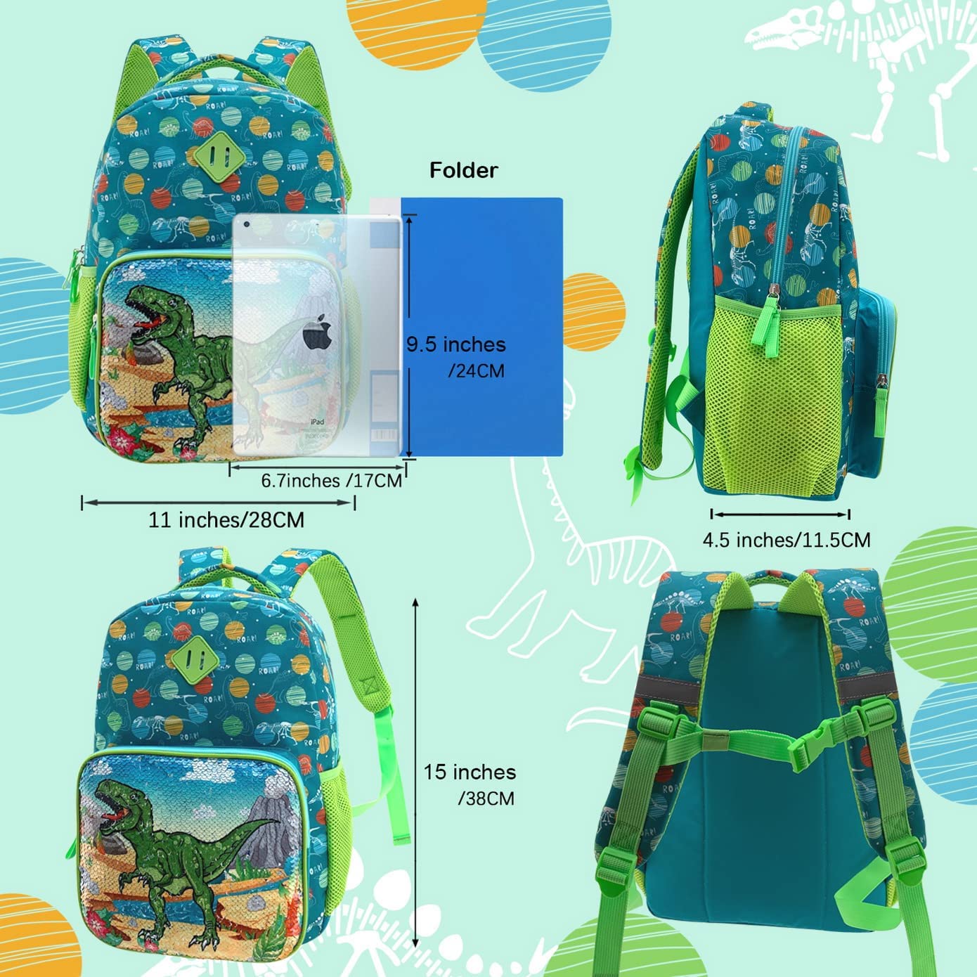 HAPPYSUNNY Dinosaur Backpack for Kids 3-5 or 5-7 Boys Girls with Reversible Sequins 15 Inch Green Cute Bookbags for Preschool Early Elementary Kindergarten Children with Chest Strap