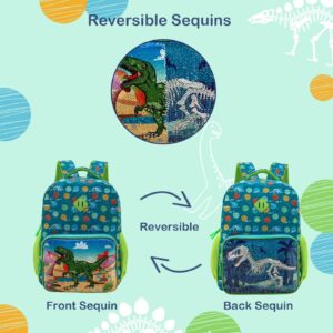 HAPPYSUNNY Dinosaur Backpack for Kids 3-5 or 5-7 Boys Girls with Reversible Sequins 15 Inch Green Cute Bookbags for Preschool Early Elementary Kindergarten Children with Chest Strap