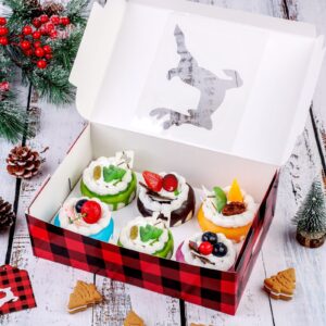 Ruisita 30 Pack Christmas Cupcake Boxes Plaid Red Black Paper Cupcake Carriers Bakery Box with Inserts and Window Cake Carrier Container Cookie Gift Boxes 6 Holders for Dessert, Pastries, Cake, Muffin