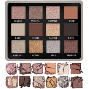 lamora nude neutral eyeshadow palette - 12 natural highly pigmented shimmer & matte shades - travel size makeup palette with mirror