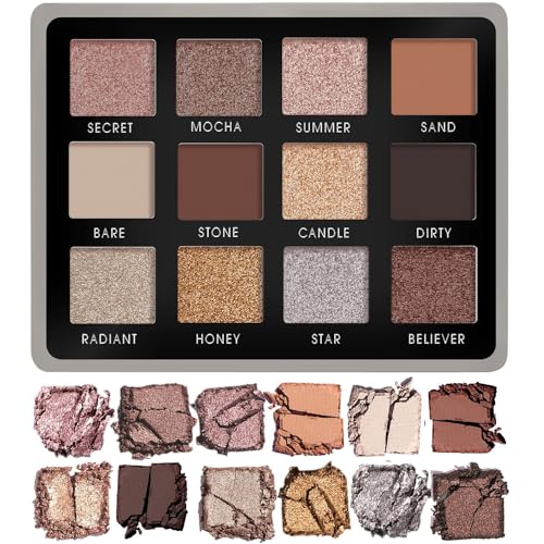 Lamora Nude Neutral Eyeshadow Palette - 12 Natural Highly Pigmented Shimmer & Matte Shades - Travel Size Makeup Palette with Mirror