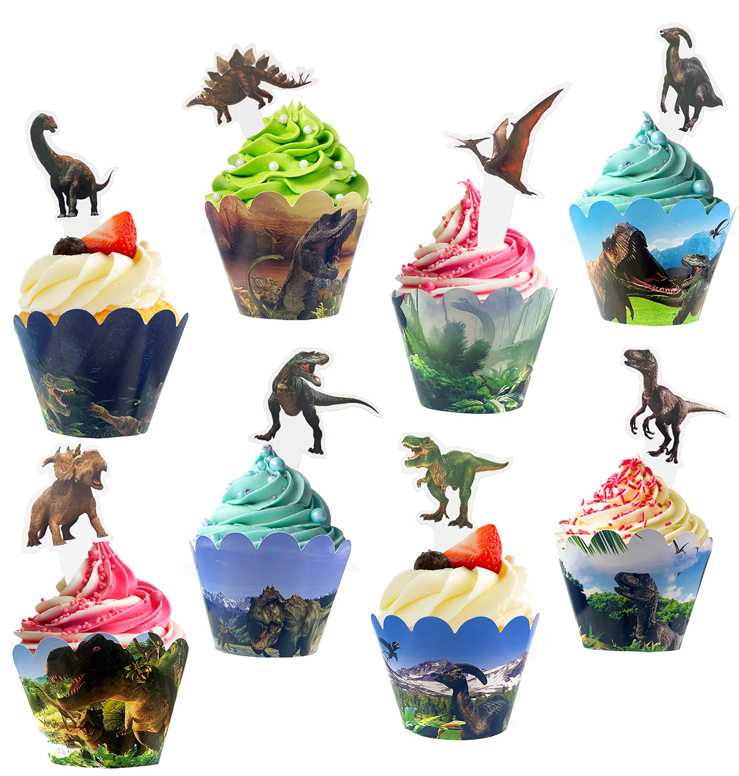 Dinosaur Cupcake Toppers and Wrappers 48 pcs Jurassic Park Cupcake Toppers for Dinosaur Themed Birthday Party