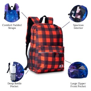Fenrici Plaid Backpack for Girls, Kids, Teens, School Bag with Padded Laptop Compartment, Buffalo Check Plaid, Red, Black