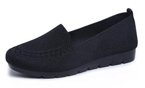 spati women's knitted lightweight comfortable flat shoes loafers slip on casual breathable mesh walking round toe (black, numeric_9)