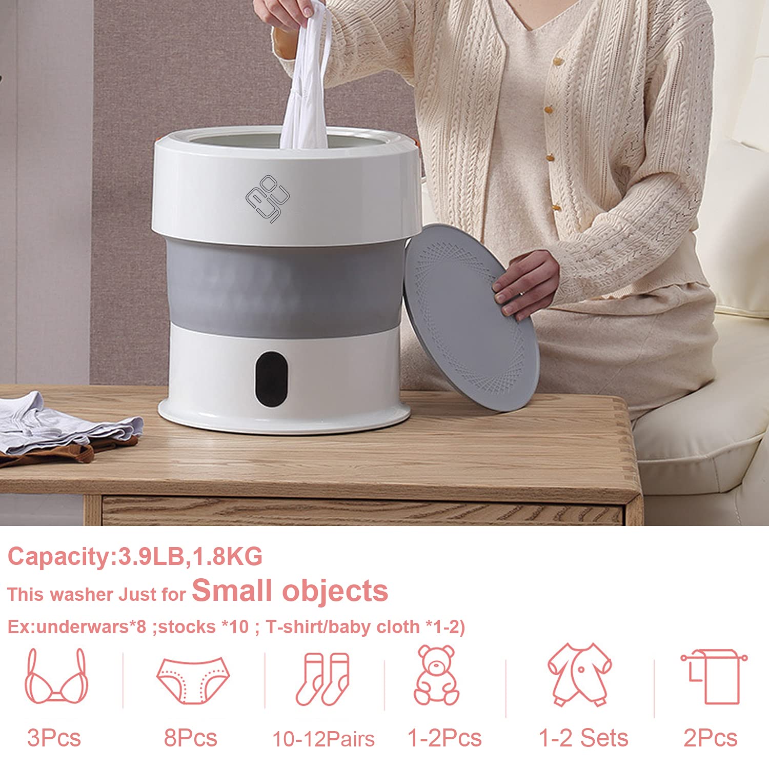 MOYU Portable Washing Machine For Small objects Such As Underwears Socks Baby Clothes, Folding Washer with 3.9LB/1.8KG Capacity (100V/240V) (White)