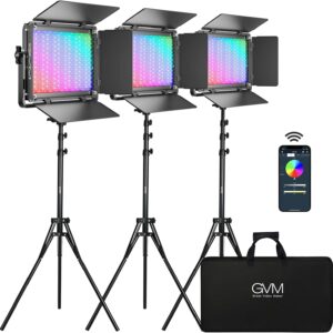 gvm 65w rgb video light with bluetooth control, 1300d led video lighting kit, 25000lux/0.5m, 360° full color photography lighting kit, 3 packs led panel light for youtube, web conference, streaming