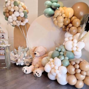 brown and green balloons garland kit, 114pcs pastel brown and nude balloon, green sage balloons blush nude balloons for teddy bear baby shower jungle safari them party decorations supplies