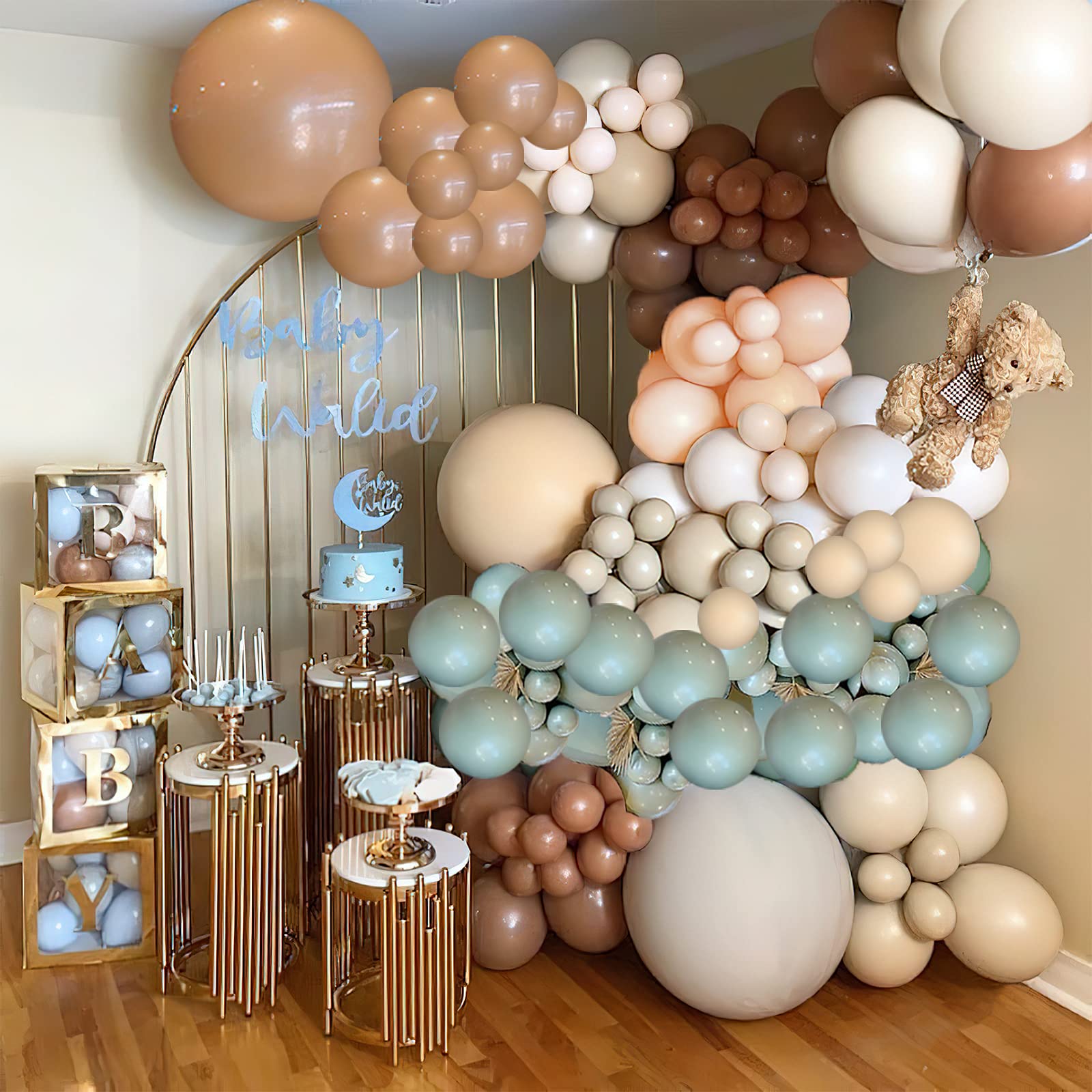 Brown and Green Balloons Garland kit, 114pcs Pastel Brown and Nude Balloon, Green Sage Balloons Blush Nude Balloons for Teddy Bear Baby Shower Jungle Safari Them Party Decorations Supplies