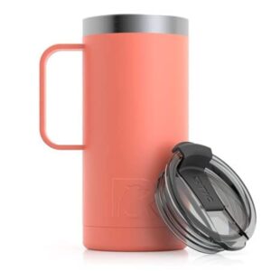 rtic 16 oz coffee travel mug with lid and handle, stainless steel vacuum-insulated mugs, leak, spill proof, hot beverage and cold, portable thermal tumbler cup for car, camping, coral