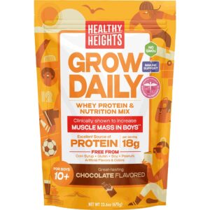 grow daily boys 10+ shake mix bag by healthy heights - protein powder (chocolate) - developed by pediatricians - high in protein nutritional shake - contains key vitamins & minerals
