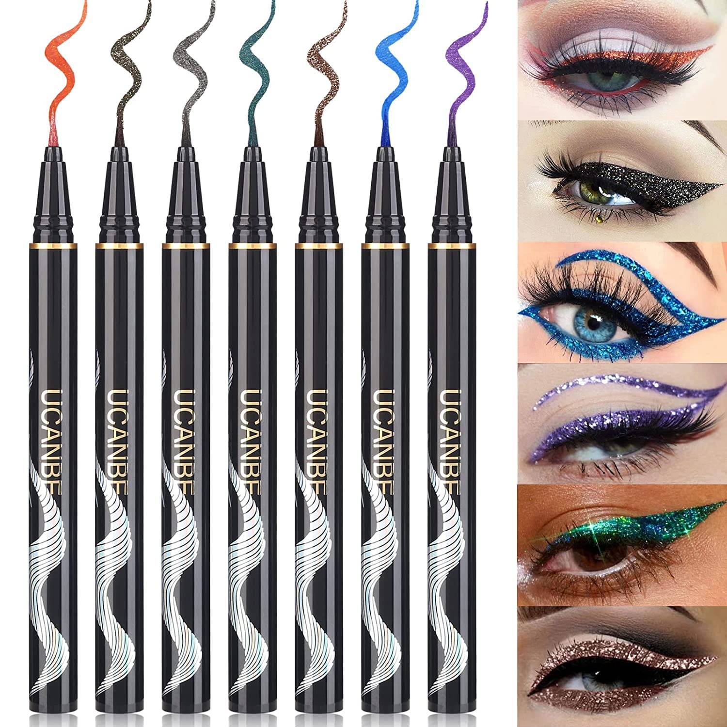 UCANBE 7 Colors Shimmer Liquid Eyeliner Makeup Set, Metallic Satin Finish Colorful Sparkling Eye Liner Pen, Long Lasting High Pigmented with Waterproof & Smudge Proof Formula