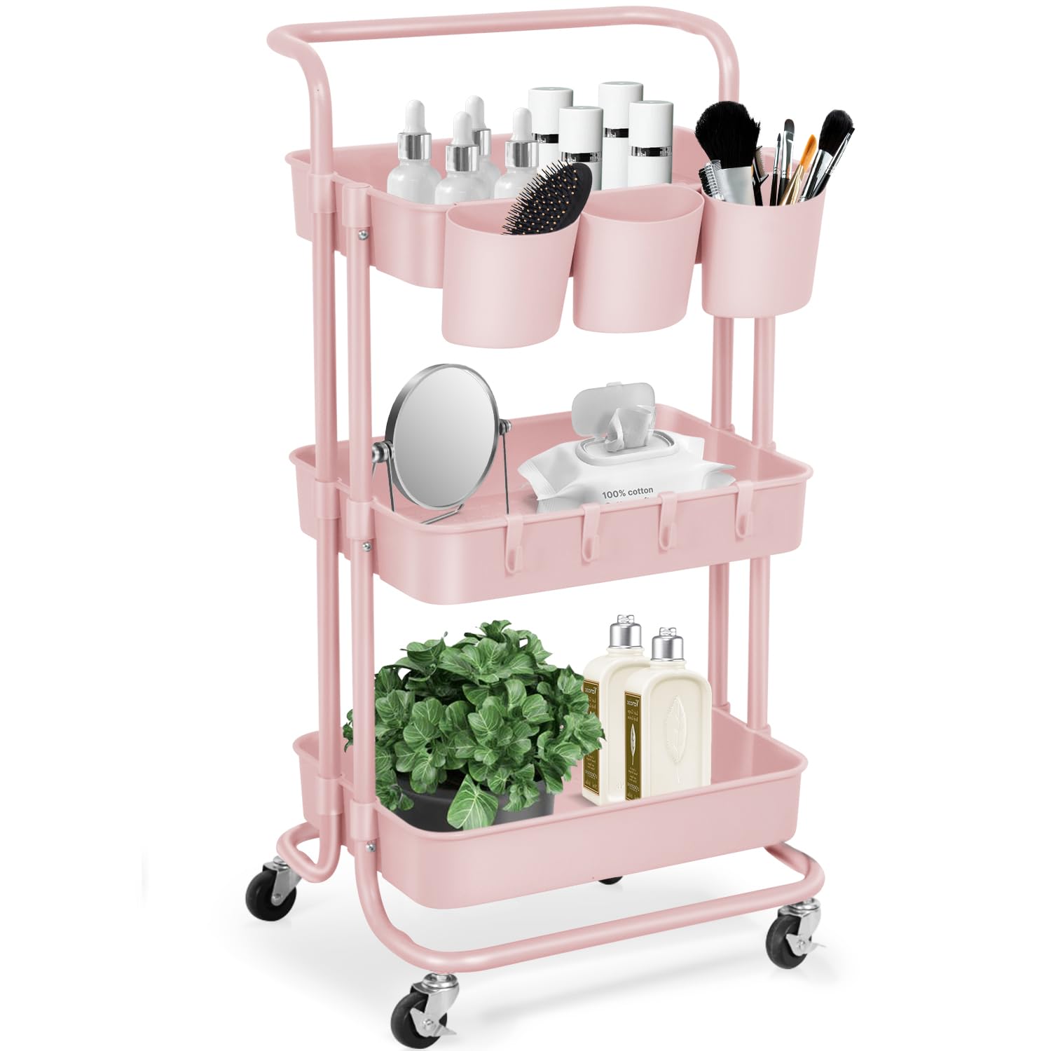 E&D FURNITURE 3 Tier Rolling Storage Cart with Wheels, Utility Art Craft Supply Cart Organizer on Wheels, Multipurpose Adjustable Makeup Cart Hair Salon Trolley with Handle & Hanging Cups Pink