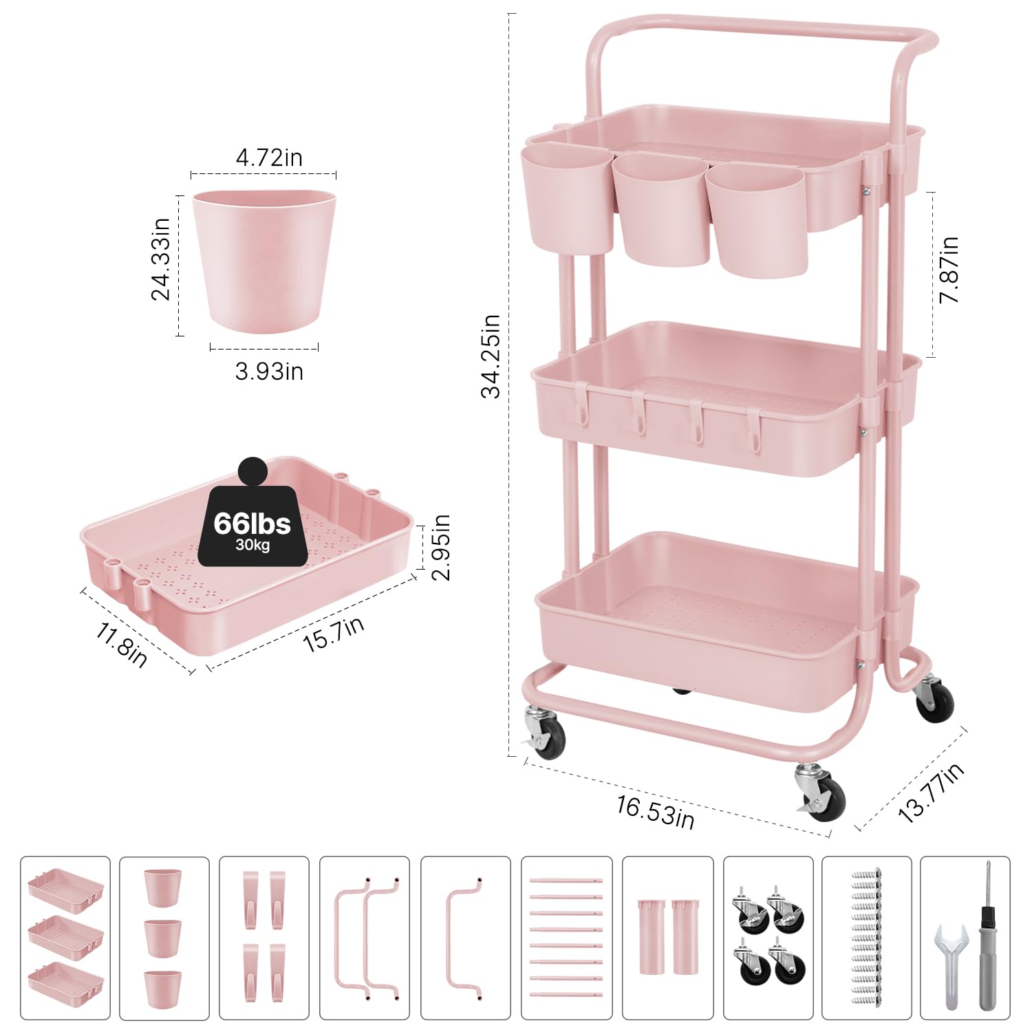 E&D FURNITURE 3 Tier Rolling Storage Cart with Wheels, Utility Art Craft Supply Cart Organizer on Wheels, Multipurpose Adjustable Makeup Cart Hair Salon Trolley with Handle & Hanging Cups Pink