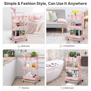 E&D FURNITURE 3 Tier Rolling Storage Cart with Wheels, Utility Art Craft Supply Cart Organizer on Wheels, Multipurpose Adjustable Makeup Cart Hair Salon Trolley with Handle & Hanging Cups Pink