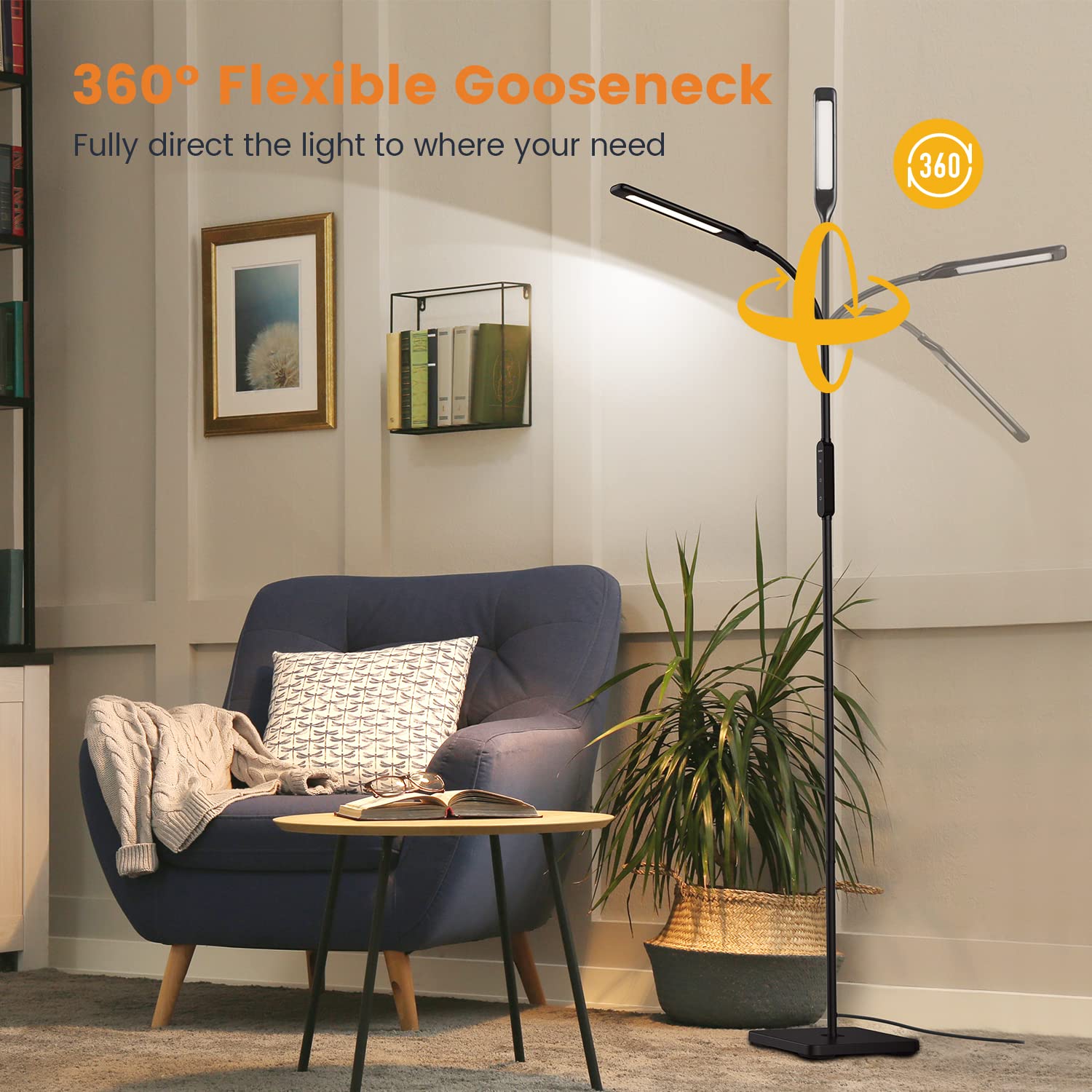 LASTAR LED Floor Lamp, Reading Lamp with 3000K-6000K & 4 Brightness Levels, Dimmable Standing Lamps for Living Room, Office with Flexible Gooseneck,Timer & Memory Function