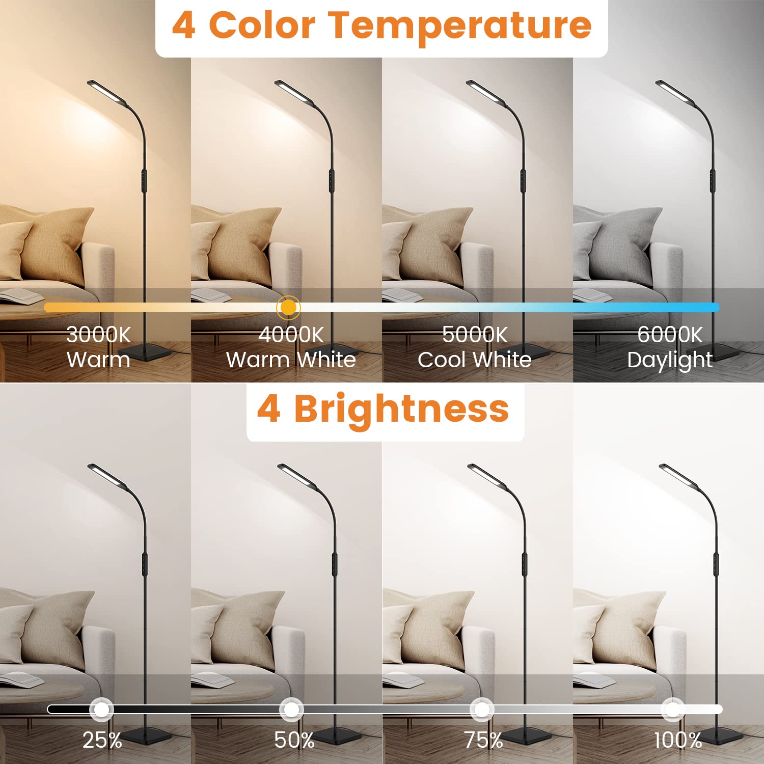 LASTAR LED Floor Lamp, Reading Lamp with 3000K-6000K & 4 Brightness Levels, Dimmable Standing Lamps for Living Room, Office with Flexible Gooseneck,Timer & Memory Function