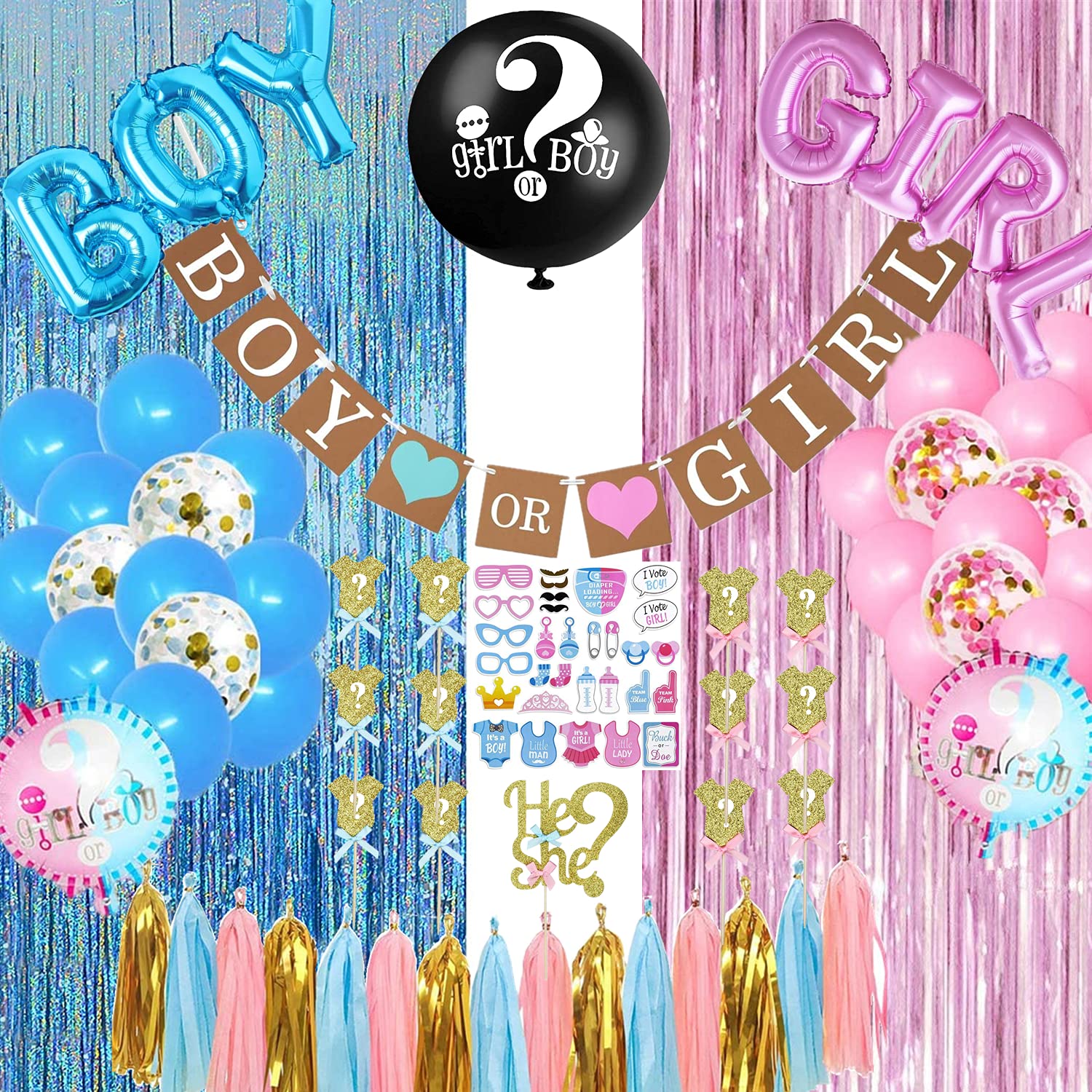 Gender Reveal Party Supplies,105 Pcs Gender Reveal Decorations, Boy or Girl Foil Balloons, Tablecloth, Photo Props, Toppers, Banner, Foil Curtains, Team Stickers, Ideas for Baby Shower