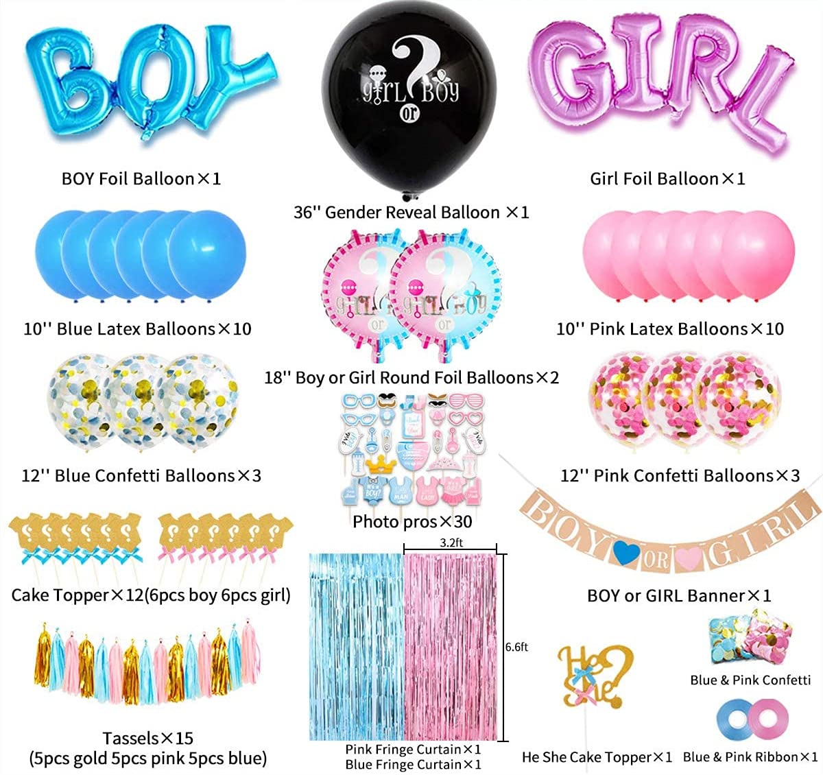 Gender Reveal Party Supplies,105 Pcs Gender Reveal Decorations, Boy or Girl Foil Balloons, Tablecloth, Photo Props, Toppers, Banner, Foil Curtains, Team Stickers, Ideas for Baby Shower